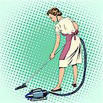 Woman vacuuming the room housewife housework comfort retro style pop art. Also the theme of the hotels and hospitality service