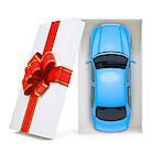 Car in gift box with ribbon on isolated white background, top view