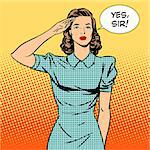 Woman soldier housewife concept of feminism and services. The woman salutes and says Yes sir. Retro style pop art. Relationships in the family and at work