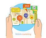 Mobile marketing and personalizing. Human hands hold a smartphone with map and commercial pins. Text outlined, free font Lato