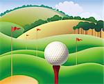 Golf ball on the background of green hills. Editable vector illustration.