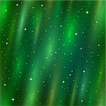 Abstract seamless background, green Aurora Borealis in sky, stars and cosmic rays. Vector eps10, contains transparencies