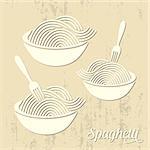 Spaghetti or noodle with fork retro vector card