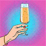 Toast a female hand with glass of champagne celebration party. Theme birthday or New year. Retro style pop art