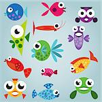Cartoon sea fish set, funny comic fishes, simple fishes