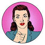 Businesswoman wants in the circle business concept. Retro style pop art