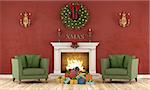 Retro christmas interior with two green armchair and present and classic fireplace - 3D Rendering