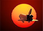 Space Shuttle Landing On The Background Of Sunset. 3D Scene.