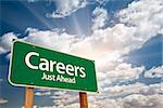 Careers Green Road Sign With Dramatic Clouds and Sky.