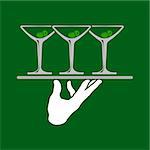 Waiter hands holding tray with martini glasses icon over green background. Vector illustration.