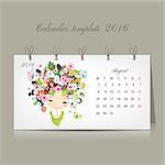 Calendar 2016, august month. Season girls design. Vector illustration