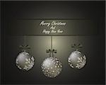Elegant Christmas greeting card with ribbon and fir balls hanged on it. Sepia background with copy space.  Also suitable for New Year design.  Vector Illustration.