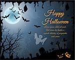 Happy Halloween Greeting Card. Elegant Design With Bats, Spooky, Grave, Cemetery, Tree and Moon  Over Orange Grunge Starry Sky Background With Ink Blots. Vector illustration.