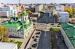 Tyumen, Russia - September 24, 2014: Aerial view on Church of Saviour, Lenina and Chelyuskincev streets intersection, Tyumen state university