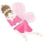 Cute fairy in bright pink dress with transparent wings is sleeping, vector illustration, eps 10