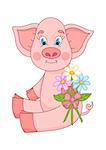 Vector illustration of cute pig giving bouquet of camomiles tied up by a ribbon, funny piggy sitting and smiling