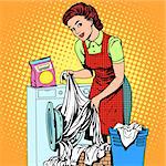 A woman washes clothes in a washing machine pop art retro style. Housewife doing the housework. Clean and tidy