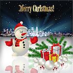 Abstract Christmas vector illustration with silhouette of city snowman and gifts