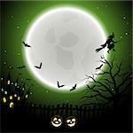 Happy Halloween Greeting Card. Elegant Design With Castle, Bats, Owl, Fence, Tree, Moon and Pumpkin  Over Green Background. Vector illustration.