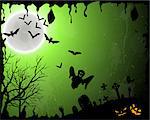 Happy Halloween Greeting Card. Elegant Design With Bats, Spooky, Grave, Cemetery, Tree and Moon  Over Green Grunge Starry Sky Background With Ink Blots. Vector illustration.