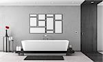 Black and white Bathroom with elegant bathtub and wooden door - 3D Rendering