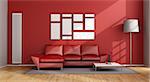 Red Living Room with modern couch and vertical heater - 3D Rendering