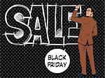 Black Friday businessman writes sale pop art retro style