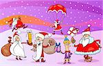 Cartoon Illustration of Santa Claus Characters Group on Christmas Eve