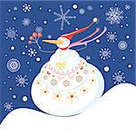 bright funny greeting card with a snowman on a blue background with snowflakes