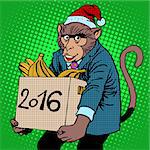 Monkey Santa Claus symbol new year 2016. Character pet monkey, carries a box of bananas gifts pop art retro style