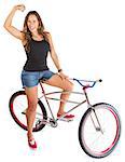 Cute woman with mountain bike flexing her arm