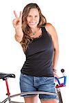 Isolated cute woman gesturing victor symbol with her bike
