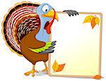 Illustration of a Thanksgiving turkey holds a blank board