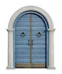Old wooden front door with stone portal isolated on white -3D Rendering
