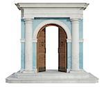 Front view of a classic portal in tuscany order  with open door isolated on white - 3D Rendering