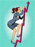 Businesswoman mountaineer schedule of sales pop art retro style. Business concept of success and work