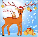 2016 New Year card with monkey and deer, vector illustration