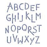 Font children. Blue scribble alphabet. Letters in child style. Alphabet written by pen. Cartoon ABC isolated on white. Vector illustration