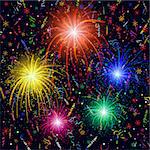 Firework, bright color flashes, sparks, stars and streamers on black background, element for web holiday design. Eps10, contains transparencies. Vector
