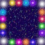 Holiday Background with Confetti, Streamers and Frame of Various Colorful Fireworks. Eps10, Contains Transparencies. Vector