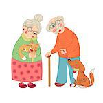 Cute darling grandmother and grandfather, granny with cat and grandpa with dog on leash, vector illustration