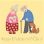 Happy grandparents day card. Poster with cute darling grandmother and grandfather, granny and grandpa, their cat and dog on leash, vector illustration