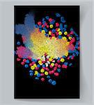 Black background with bright colourful spots. Drawing made of dots. Vector illustration.