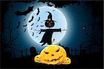 Grungy Halloween Background with Pumpkins, Graveyard, Bats and Scarecrow. Tree silhouette.