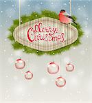 Christmas background with bullfinch, red decorations and greeting inscription