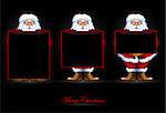 Three of Santa Claus are holding banners on a black background