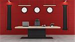 Red and black modern office with desk,chair and shape of classical columns on the wall - 3d Rendering