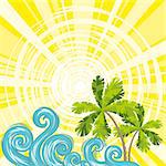 A vector illustration of tropical island with palms and waves