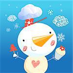 bright funny card with a snowman on a blue background with snowflakes