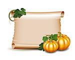 Thanksgiving banner, card with empty paper scroll and pumpkins with leaves. Blank scroll of parchment wallpaper, background. Poster or brochure for Thanksgiving party. Vector illustration.